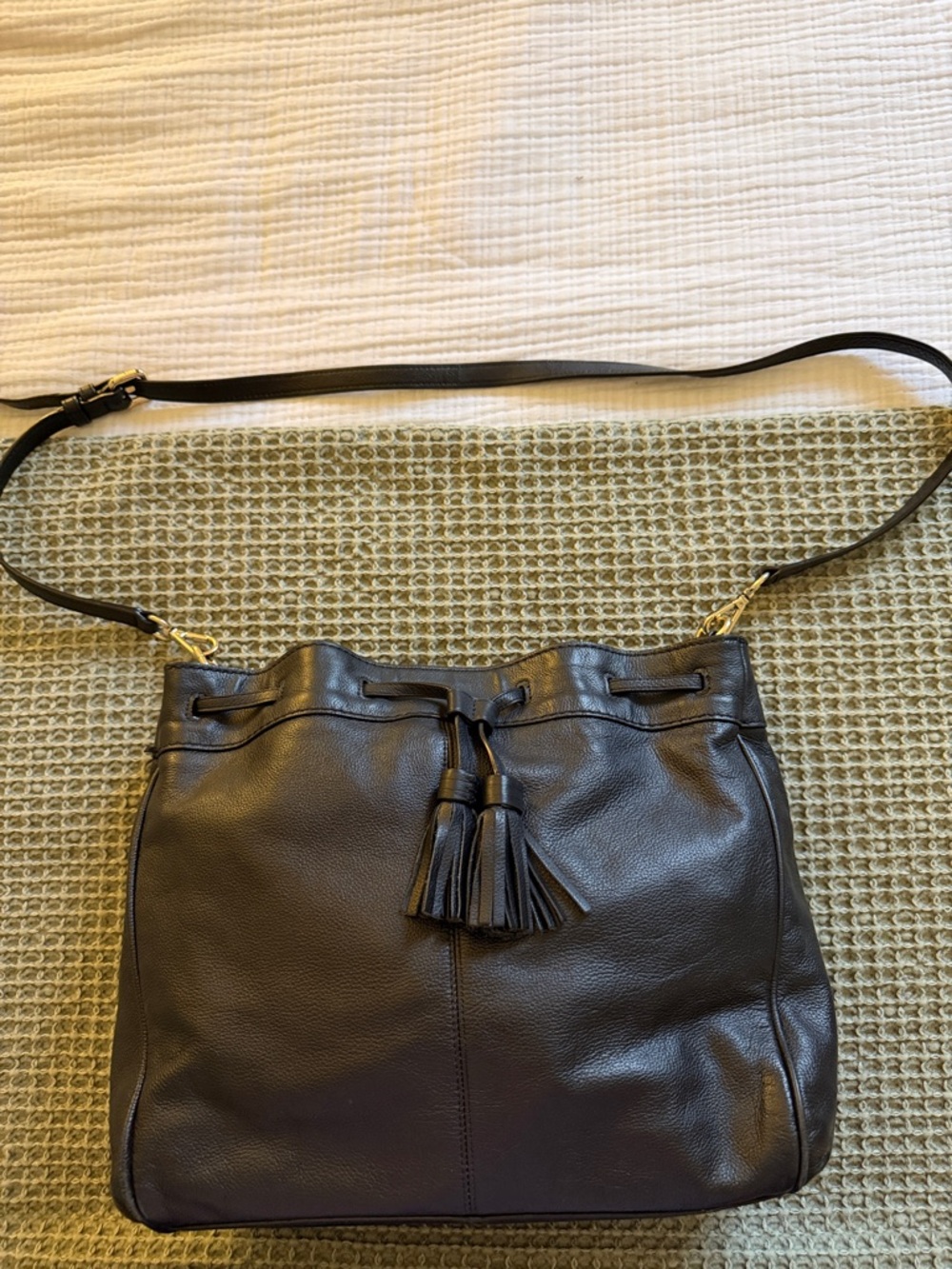 Cole Haan Black Leather Shoulder Bag with Tassel